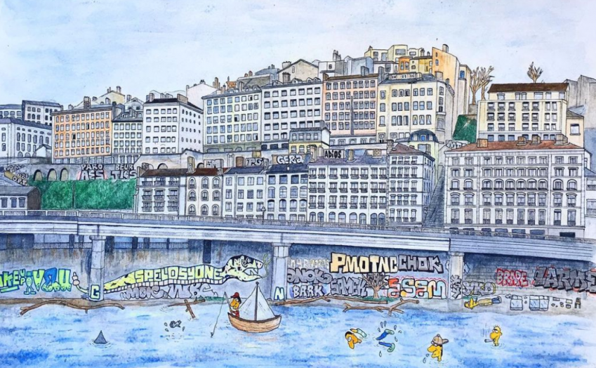  "Lyon Plage", © Tapas Nocturne. Tapas Nocturne propose des peintures ancrées dans la culture graffiti vandale. Il reproduit des scènes urbaines, afin d’archiver quelques-uns des graffitis les plus « mythiques » de Lyon, Grenoble ou Marseille, et réalise des bande-dessinées humoristiques autour de son expérience de graffeur.